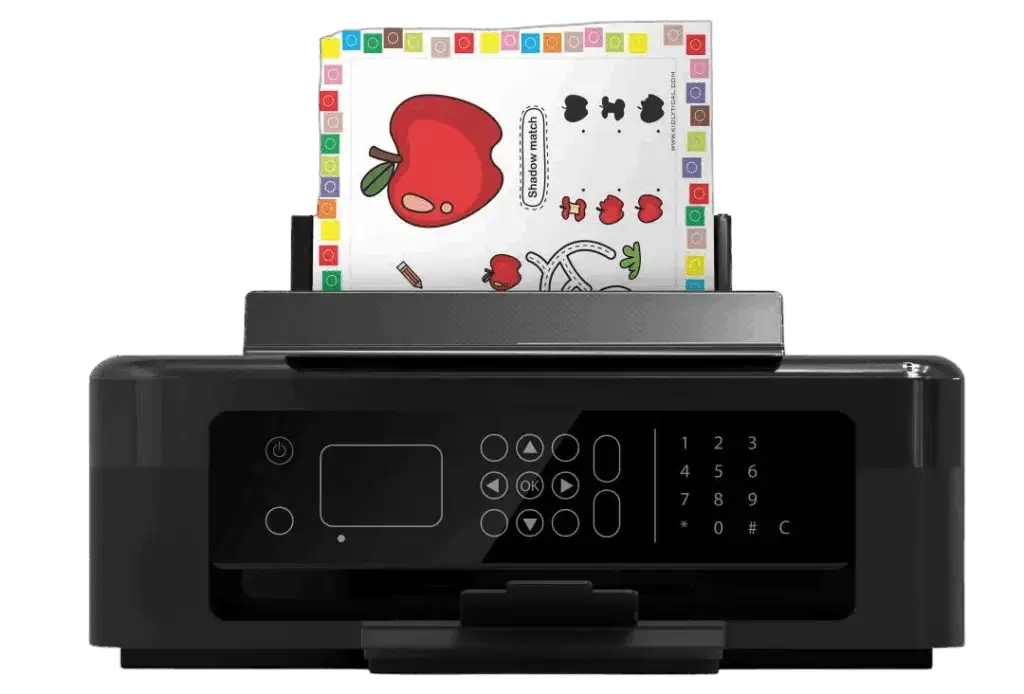 Printer with a colourful apple shadow-matching worksheet