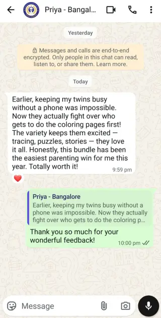Original WhatsApp feedback from Priya, Bangalore