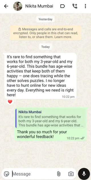 Original WhatsApp feedback from Nikita, Mumbai